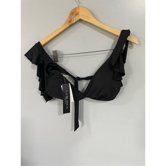 Brand New La Blanca Ruffled Black Bikini Top Women’s Size 4 Swimwear - Picture 1 of 6